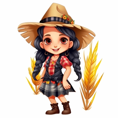 little cute girl , braids in her hair with bows at the ends, smiling, jolie tilibra, beautiful festa junina dress plaid, hugh eyes, straw hat on her head, boots, clipart style, embarressed with black outline,