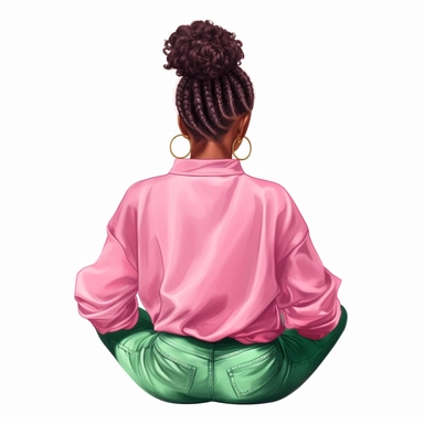 black woman with pink shirt and green pants, sitting down, backview, bun hairstyle detailed soft illustration, clipart