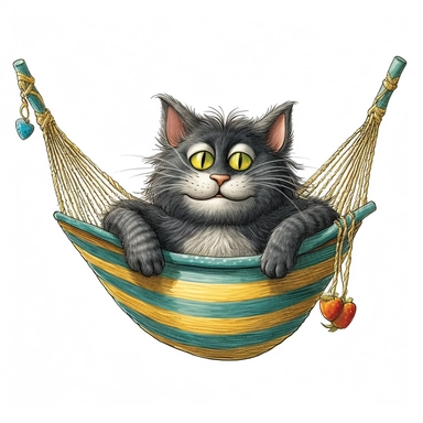 Axel scheffler illustration style cat in a hammock, high definition, 16k, insanely detailed, fine detail, sharp focus, illustration, white background, isolated clipart vector