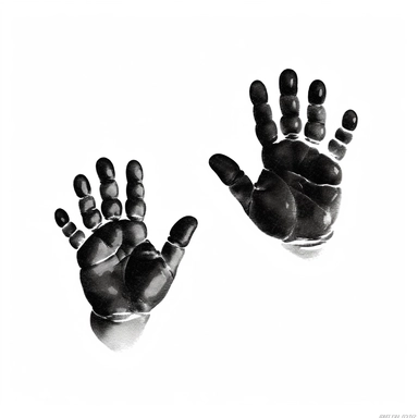 black svg clipart picture of 2 cute baby handprints on a white background, white crinkled chubby baby handprints, no shading , very realistic, left hand and right hand, small baby hands, as if baby painted their hands black and stamped their hands on white paper, cute, simple black graphic illustration