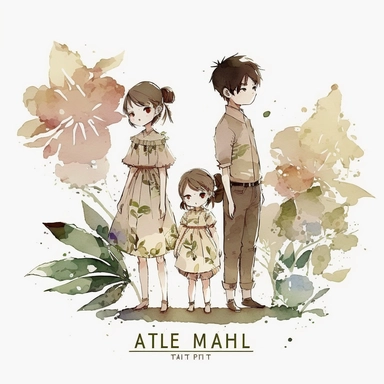 chibi family watercolor clipart, mother father sister brother, in the style of Makoto Shinkai, white background, summer