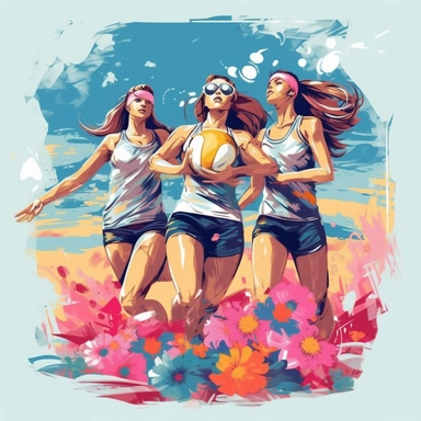 tshirt print artwork in digital painting style, beautiful flowers, girls play volleyball on beach, white background, colorful fantasy surround, highly detailed clean, vector image, photorealistic masterpiece, professional photography, realistic, flat white background, isometric, vibrant vector, clipart, illustration, realism, 4k, , cinematic, front view, white background,