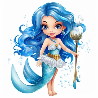 Cartoon cute mermaid You could describe her as having long, flowing hair that shimmers in the sunlight, with a tail that sparkles like diamonds and glistens in the water. have piercing beautiful blue eyes that seem to glow, and a voice that is as sweet as a song., on a white background in the style of magali villeneuve, on a white background, Clipart, pastel neon colors, whimsical, magical, children illustration, twinkling lights, beautiful, sparkly, girly, feminine, engaging, High definition, 2