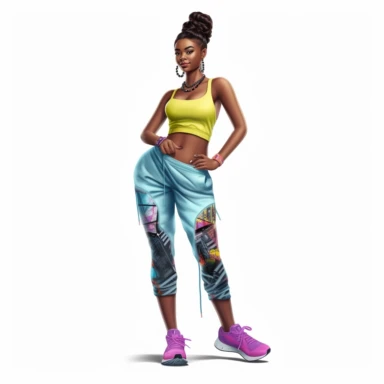 beautiful black teenage girl with beautiful pinned up hairstyle, dressed in bright colored fitness attire. Full perspective and, long shot A young black woman with full lips and a big beautiful smile, dressed in a jogger, has pinned up hairstyle and beautiful shapely legs, wearing sneakers, clipart in the style of digital airbrushing, feminine sticker art, dollcore, realistic face, realistic body, glamorous,