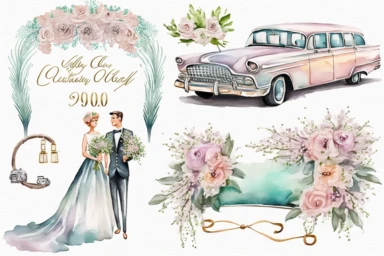 Watercolor clipart, Wedding car, limousine