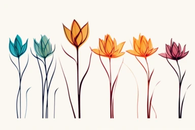 ink drawing six flowers clipart, ink style, ink drawing, free-hand light color strokes under ink lines, vector style, prominent ink strokes, flat style, prominent line style, white background, spaced out, do not intersect images, spacing between elements, single thickness lines, no shadows, few details, only lines, only black lines, no volume, hand drawn ink drawing, elegant shapes
