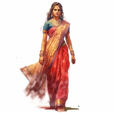 watercolor style, full body view, beautiful woman from India wearing traditional clothes, very detailed, realistic, clipart, isolated on white background, 4K