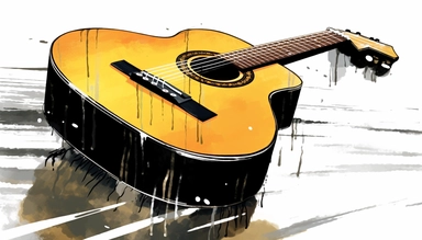 ultra sharp clip art illustration of an classic guitar, extreme closeup, rainy waters, black scaled and realistic drawing with ink and charcoal, HD, UHD resolution, 8k