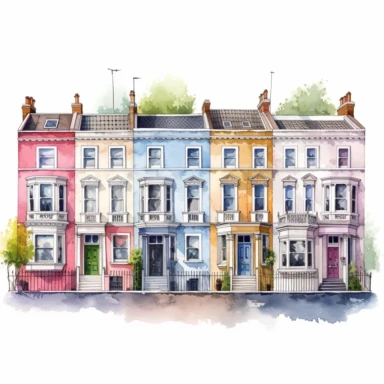 A row of colorful Notting Hill houses, symbolizing London's vibrant neighborhoods, Clipart, watercolor, white background, intricate detail