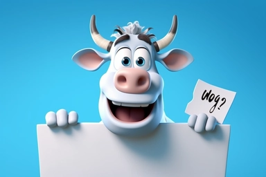 character cartoon cow with banner in clipart 3d image, in the style of unreal engine 5, natalia rak, movie still, matte photo, lightbox, relief, white and cyan