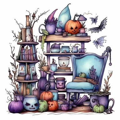 Cute witch furniture, ink and wash, watercolor Clipart, style by Lucy Fleming, watercolor, smooth gradients, black contour outline, ultra detailed, clipart elements, delicate pastel colors, solid white background, super clear, high quality