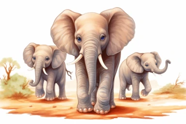cute baby elephant walking through the dessert with its siblings Clipart, On White Background, Spaced out, Vector Art,