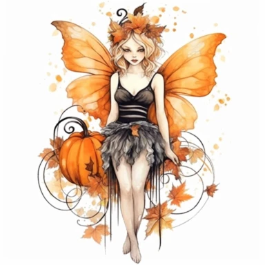 watercolor style Halloween fairy, clipart, large orange,wings, black white stripes, pumpkin, isolated on white background, in the style of Amy Brown, beautiful fall floral, bright color, crisp lines, chaos 8