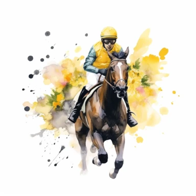 race horse, with jockey, yellow flowerswater color, white backhround, clipart