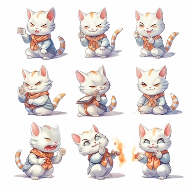 a watercolor Kawaii looking gamer chibi character of a japanese lucky cat doing different emotional expressions. On white background as clipart. 6 panels with very different poses.