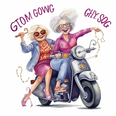 happy, funny, crazy old ladies with long gray hair clipart, line art style, driving on motorcycle to sewing store, loves fabric and threads, colorful outfits, vibrant colors, laughing load, looking happy with threads and scissors and thread spools in their hands,