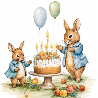 Imagine a charming Beatrix Potter style PNG clip art of peter rabbit, perfect for a baby's birthday or nursery decor. The scene should feature peter rabbit an adorable, anthropomorphized baby animals in vintage attire, should be involved in a joyous birthday celebration, with a beautifully decorated cake, colorful balloons, and wrapped gifts. The color palette should be soft and muted, invoking the vintage style of Beatrix Potter's illustrations. The art piece should be on a white background to 