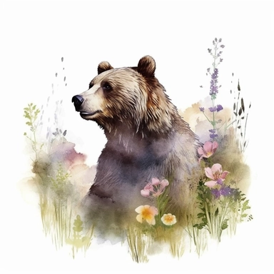 detailed watercolor clipart, photography style, beautiful bear, in a meadow, HDR, spring floral,self shadow, white background