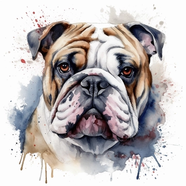 watercolor illustration of a cute English Bulldog dog, watercolor clipart, in the style of 32k uhd, realistic animal portrait, white background, png
