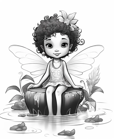 Cute bi-racial fairy with curly hair, and wings, sitting on a water lily leaf in a pond, Kawaii for a childrens book, cartoon style, thick lines, black and white, no shading, line drawing illustration, no kid faces, no duplicate faces, blurry, drawing, cartoon, illustration, painting, concept art, cgi, unreal, anime, black&white, b&w, picture frame, deformed, bad anatomy, disfigured, poorly drawn face, mutation, mutated, extra limb, poorly drawn hands, done by bad-artist, ugly, dazed, 3D render,