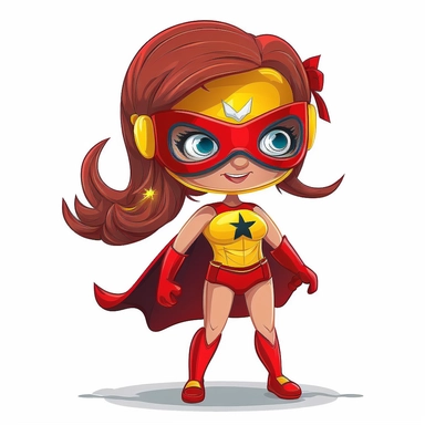 full body smiley and cute little superhero girl with eye mask in clipart style