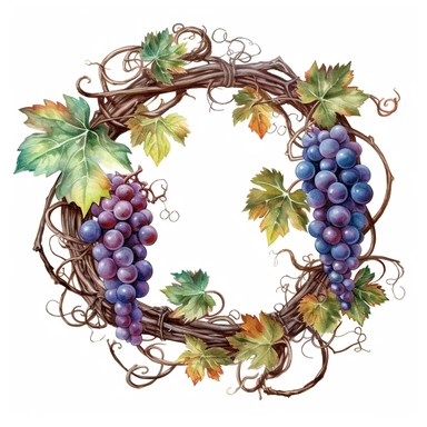 watercolor ultra realistic and hyper detailed illustration of a Grapevine wreath with intertwined branches, clipart, white background