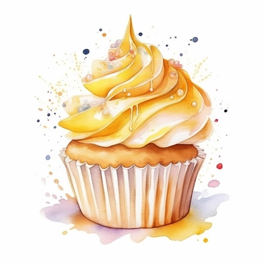 splash art watercolor clipart of a gorgeous pastel cupcake, empire yellow color, good composition, isolated white background, 16k