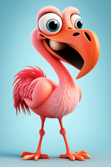 no text, 3d whole body clipart of a smiling, friendly flamingo, cartoon network style, friendly face, head unproportionally bigger than body, detailed body shape, front shot, insanely big shiny eyes, caricatured face, insanely glossy, plastic like fur and skin, light background, unrealistic, 8k photography, cinematic, super cute face, Photography, Ultra-Wide Angle, Depth of Field, hyper-detailed, beautifully color-coded, insane details, intricate details, Unreal Engine, Cinematic, Editorial Phot