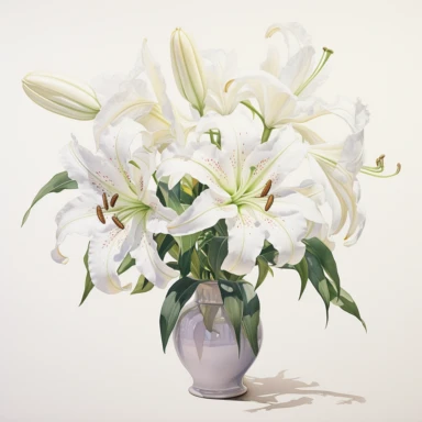 A highly detailed watercolor and pencil drawing of a clipart of white Lily gracefully showcased in a vase on a isolated white background,, The flower is meticulously rendered, capturing the intricate details of its petals, stamen, and sepals. The combination of watercolor and pencil techniques adds depth and dimension to the drawing, with the watercolor providing soft washes of color and the pencil adding fine lines and delicate shading. The drawing highlights the flower's elegant structure,emph