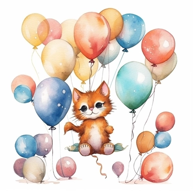 flying cat tied to a balloon clipart, balloons lined up side by side clipart , party balloons clipart, birthday party centerpiece, watercolor clipart