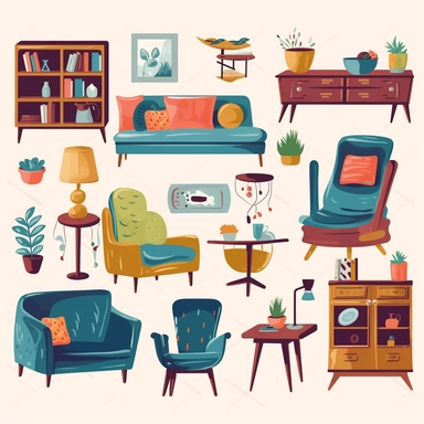 home furniture clipart set, sofa, chair, tv, lamp, rug, table, dining set, chest of drawers, bed, bunk bed, coffee table, plant, fish bowl, rocking chair, book case