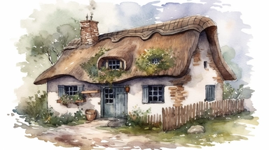 a watercolor clipart on a white background of a romantic cottage. The cottage should have a thatched roof, stone walls, and a chimney with smoke coming out