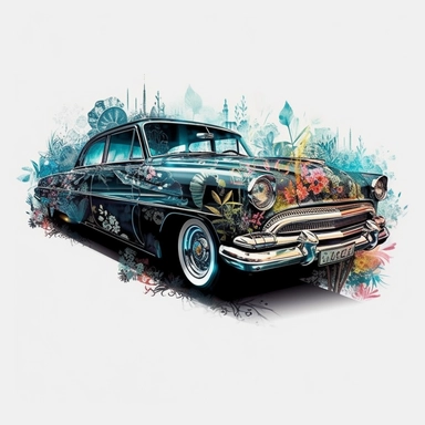 A stunning old retro car takes center stage in a Tron-inspired landscape, Limousine retro car, clipart, floral, watercolor splash, eucalyptus. The classic car boasts futuristic modifications, including neon accents and sleek digital paneling, merging the elegant lines of the vintage vehicle with the high-tech aesthetics of the Tron universe, white background, splash