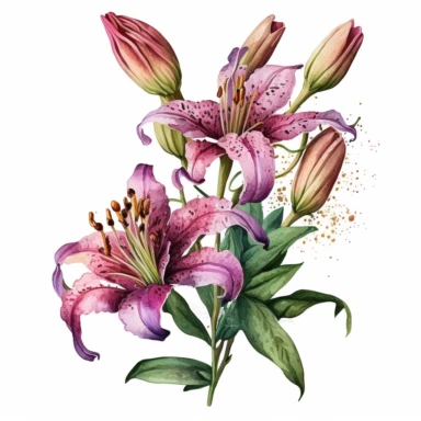 Watercolor realistic detailed purple and pink tiger lily bouquet clipart, white background, no text