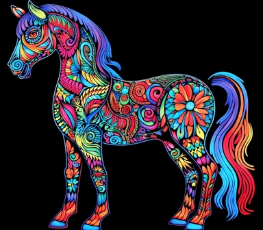 6 tattoo art style adorable baby horse, black defined outlines, high details, clipart, hd, isolated on black background, spaced out, vibrant rainbow colors