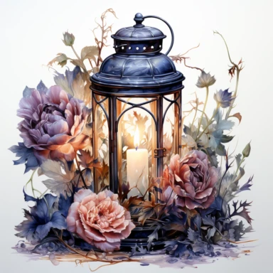 hyperrealistic ultra detailed watercolor clipart, floral fantasy lantern with a candle lit, white background, in the style of digital print, clipart, illustration, sticker, ultra high definition, rich details, 32K, HD