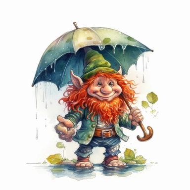 Cute Adorable magical little Goblin with a cylinder hat and a red beard holds laterally a umbrella in his hand wears a raincape and stand in the rain on a country road, clipart, photorealistic illustration, watercolor, high detail, 8k polished, 8k, vibrant colors, white background