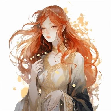 a beutiful girl with red flowing hair, delicate shades of red orange and gold, watercolor clipart, white backound, no backound, glowing,Takehisa Yumeji