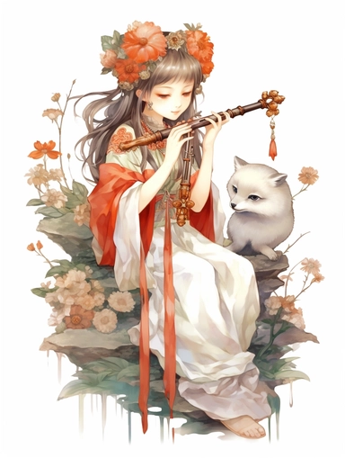 Chibi style, chibi style, Chinese traditional illustration, hill, Fox - faced girl in white, Playing the flute, Peony flowers beside, High quality, Super high image quality, Rich in detail, , a beautiful painting by Alphonse Mucha, clipart png, realistic, digital painting,fantasy style, realistic, painting, watercolor, 8k, ultra details,