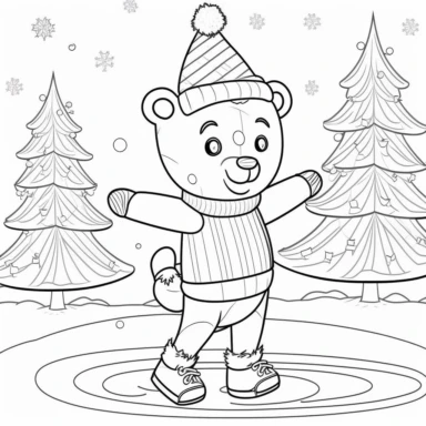 coloring book page for kids, a christmas tree, cute little bear in human costume, with christmas cap, at ice figure skating sports, clipart, cartoon children's stylehand drawn line art, black and white