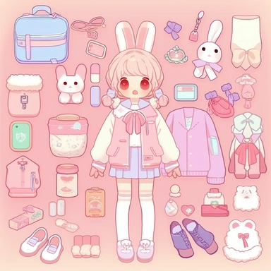 a girl that is standing in front of a bunch of stuff, trending on deviantart, character sheet, ? ? ?, embrace porcelain doll, everything fits on the screen, highly detailed object content, secret <, knolling, clipart icon, 2 0 1 9 anime, first aid kit, bunny