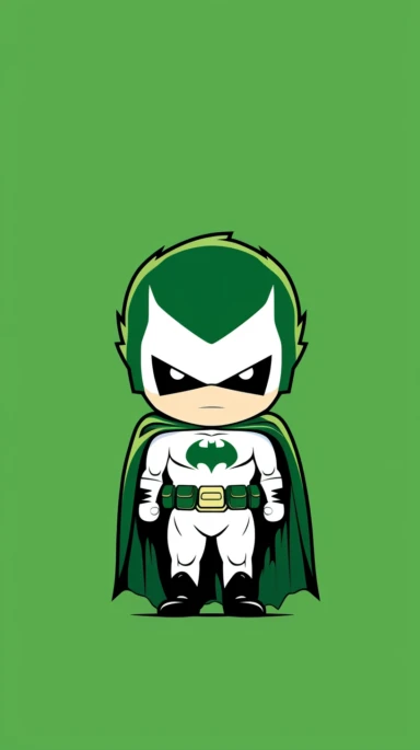 Minimalist white on a green background negative space whimsical cuteness, Batman, flat, vector, clipart, in the style of Skottie Young