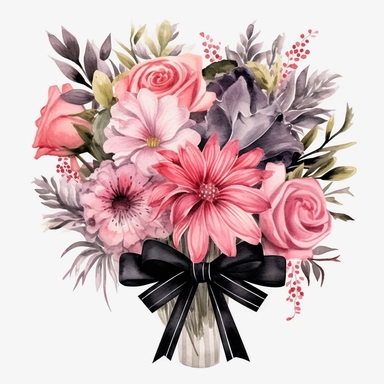 Watercolor pink and black birthday flower bouquet drawing, illustration clipart, high detailed, white background, digital art