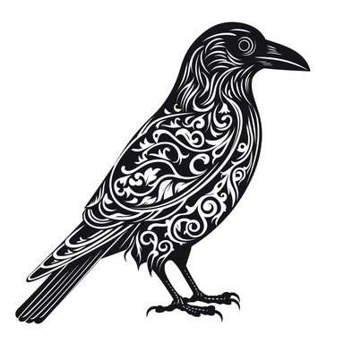 a raven silhouette made out of celtic symbols black and white clipart on white background
