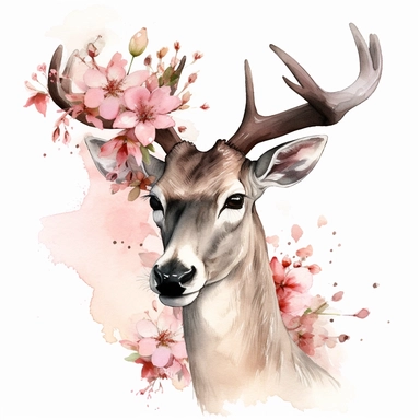 Deer portrait, pink magnolia flowers on a large antler, watercolor, clipart, illustration no background