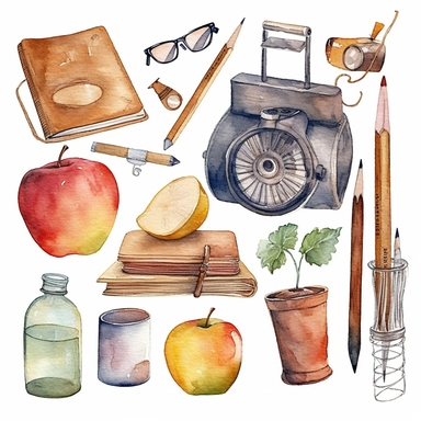 watercolour clipart of a class teacher stuff, teacher objects and elements, full length, high quality, very high details , white background