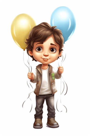 hp clipart,cute 2 year old boy dressed in light summer clothes holding cooper balloons in his hand, big blue eyes, dark hair, on white background, vector , fully detailed, full body figure view