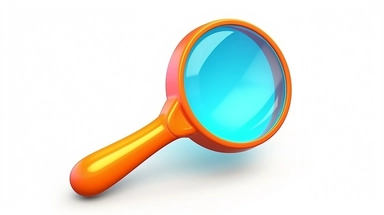 3d render. Search icon. Cartoon character hand holds big magnifying glass lens. Business of science clip art isolated on white background, Bright color, ultra realistic