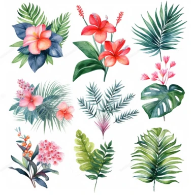 jungle plants, watercolor clipart, detailed, beautiful, bright pastel colors, isolated white, background, 8K