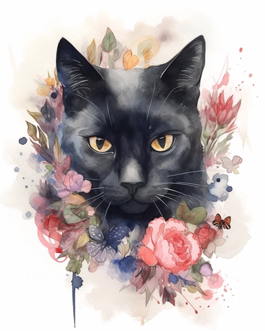 Watercolor Painting of black Bombay cat head on white background good anatomy, DETAILED ILLUSTRATION, Flora Design Patterns, Flemish Baroque by Rachel Ruysch, Behance, Rococo, Intricate Detailed, Soft Light Effect, Oil Paint Strokes, Light Academia Aesthetic Flowers, Lighting cinematic, all shown shimmering stamens, tyndall light, texture, colorful, 8k, fantasy, ray tracing, vivid, spectacular lighting, octane rendering, highly detailed, ultra - realistic, white background, clipart